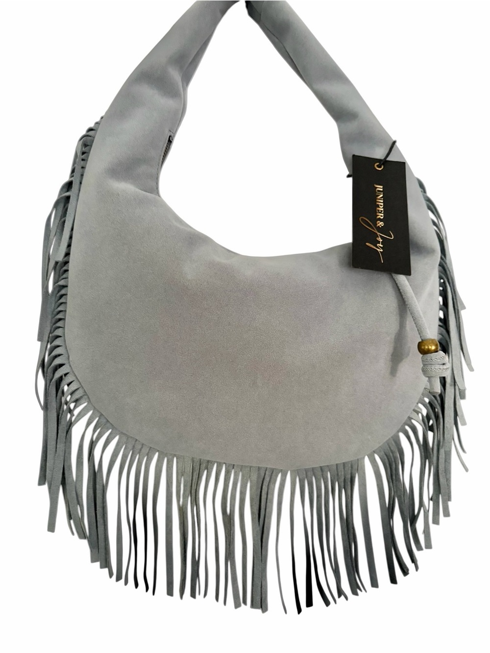 Juniper & Joy brand Blue Suede Crescent Hobo Bag with Fringe Trim NWT